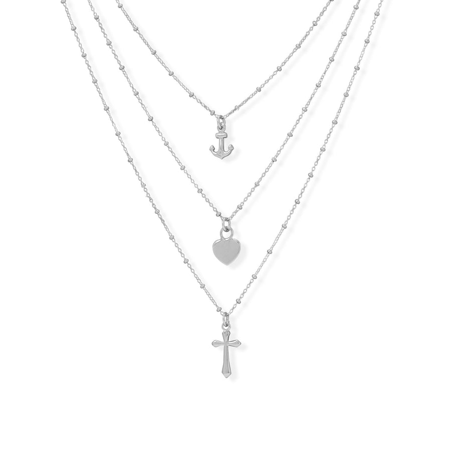 16"+2" Rhodium Plated Three Strand Charm Necklace