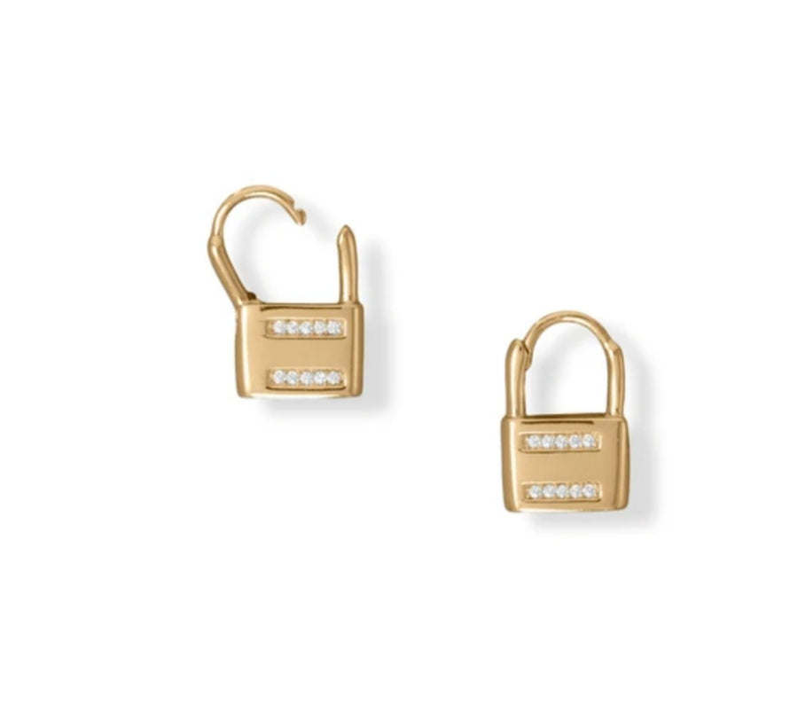 14 Karat Gold Plated CZ Lock Earrings