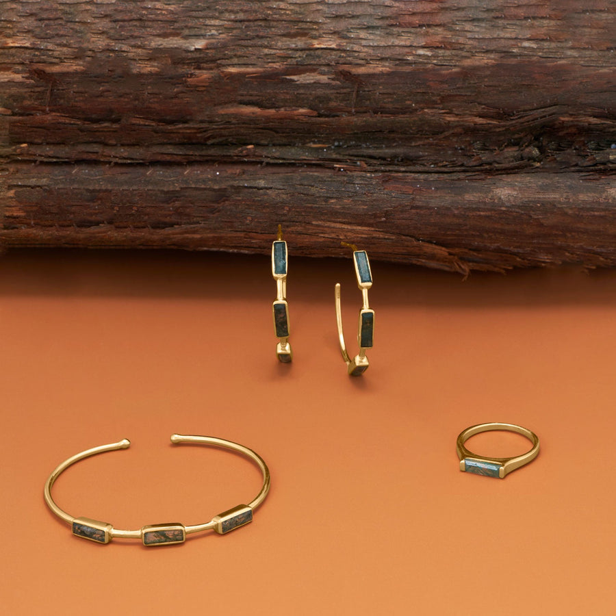 14 Karat Gold Plated Moss Agate Bar Ring