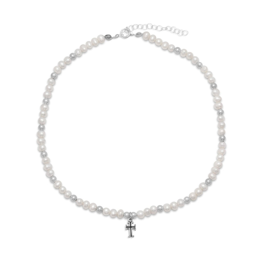 13" +2" Extension  White Cultured Freshwater Pearl and Silver Bead Necklace with Cross Drop