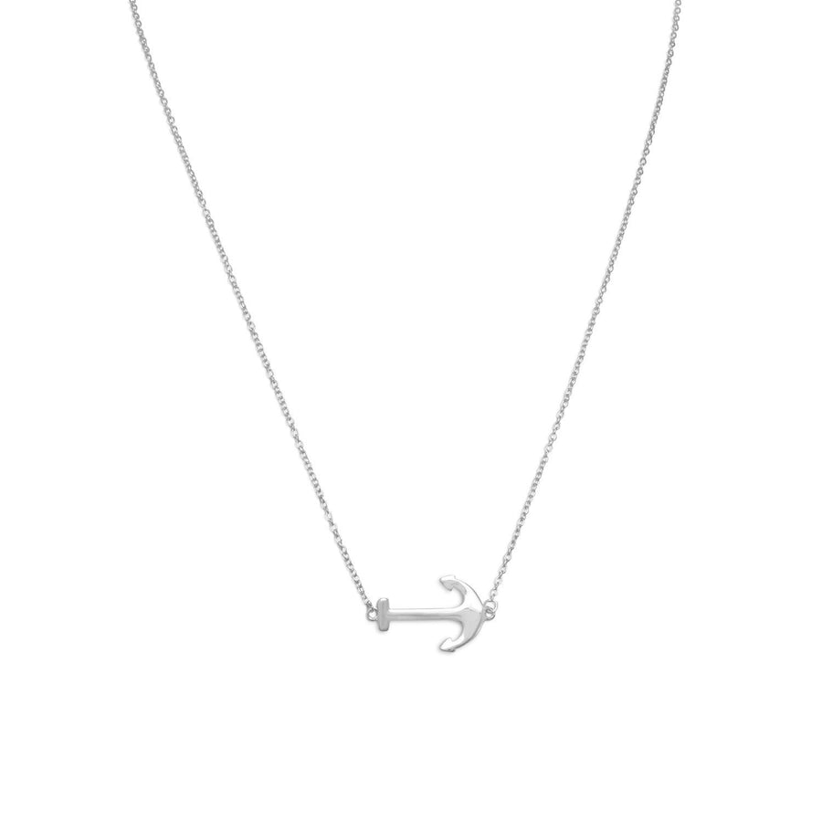 16" + 2" Rhodium Plated Sideways Anchor Necklace