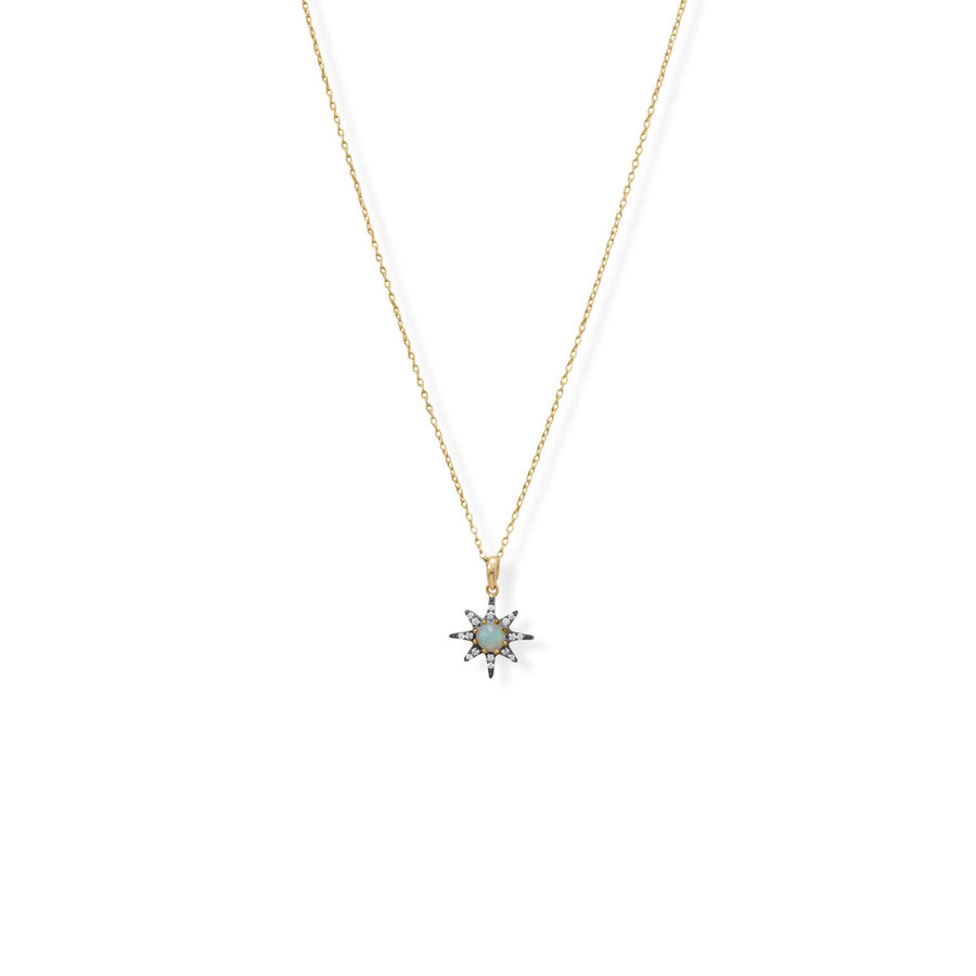 14 Karat Gold Plated and Black Rhodium CZ Star and Synthetic Opal Necklace