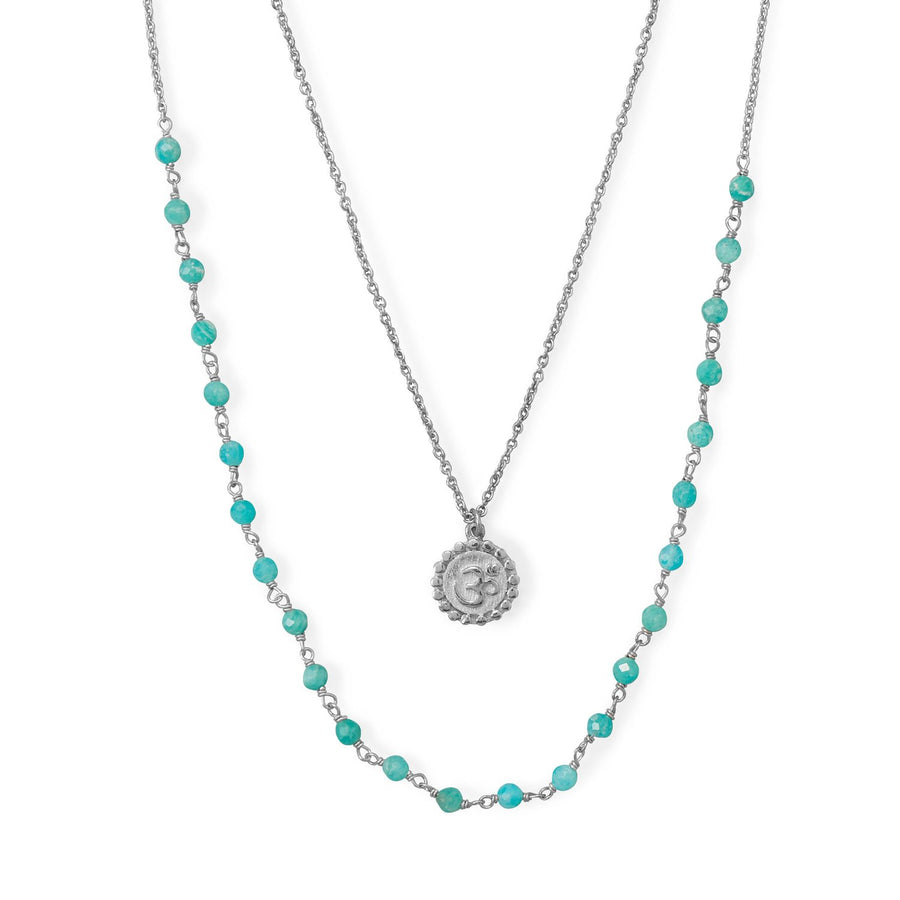 18"/21"+2" Rhodium Plated Amazonite Om Necklace