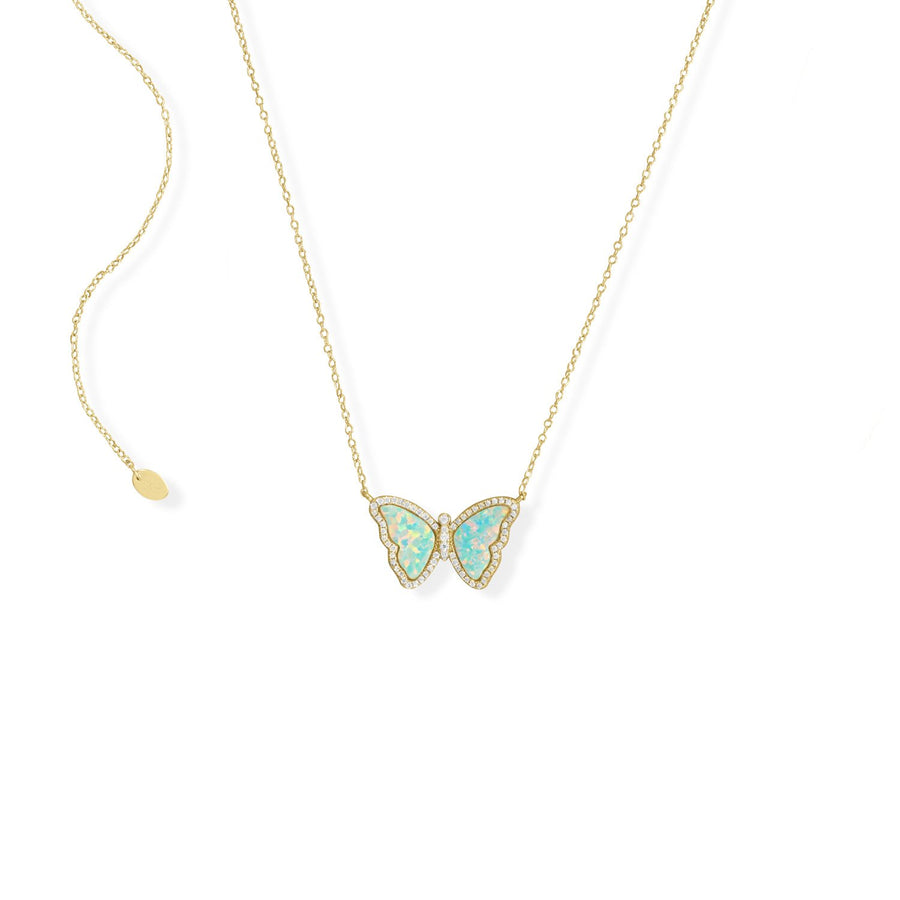 Adjustable Synthetic Opal Butterfly and CZ Necklace