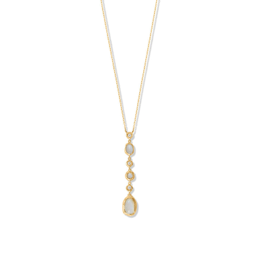 16" + 2" 14 Karat Gold Plated CZ and Rainbow Moonstone Drop Necklace