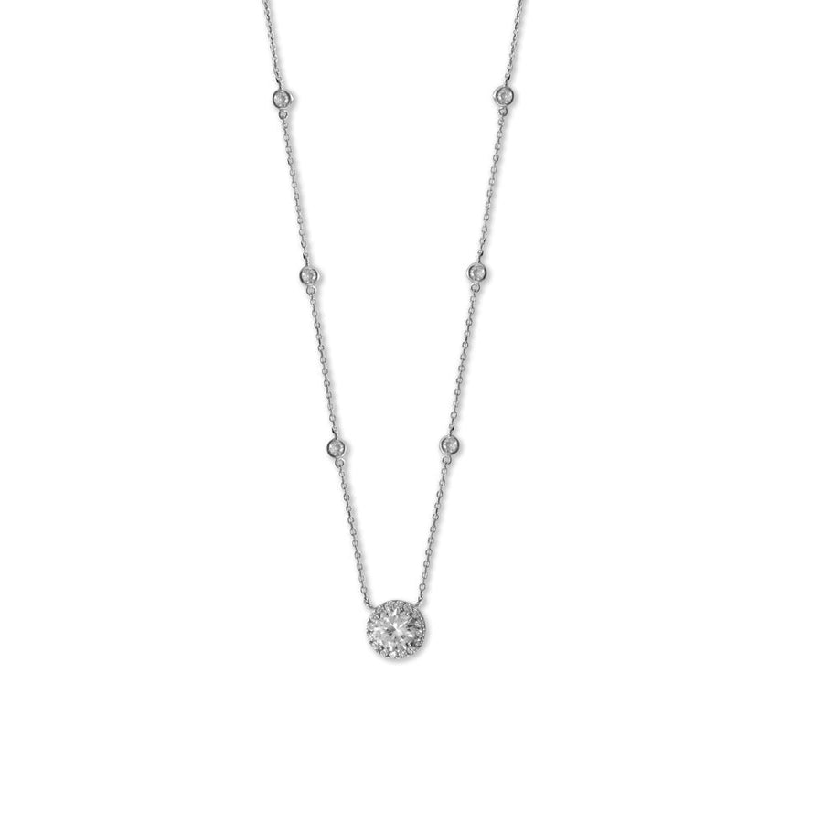 15" + 2" Rhodium Plated 8mm Halo CZ and Bezel CZ Necklace