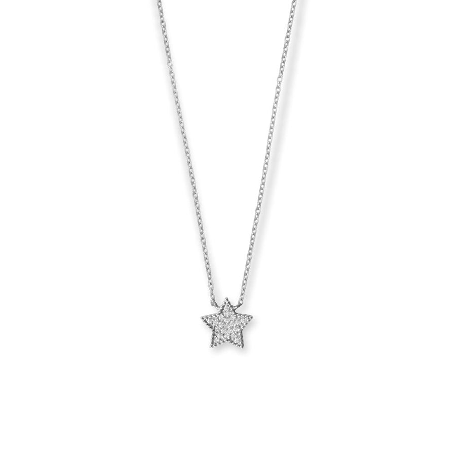 16" + 2" Rhodium Plated Pave CZ Star Necklace