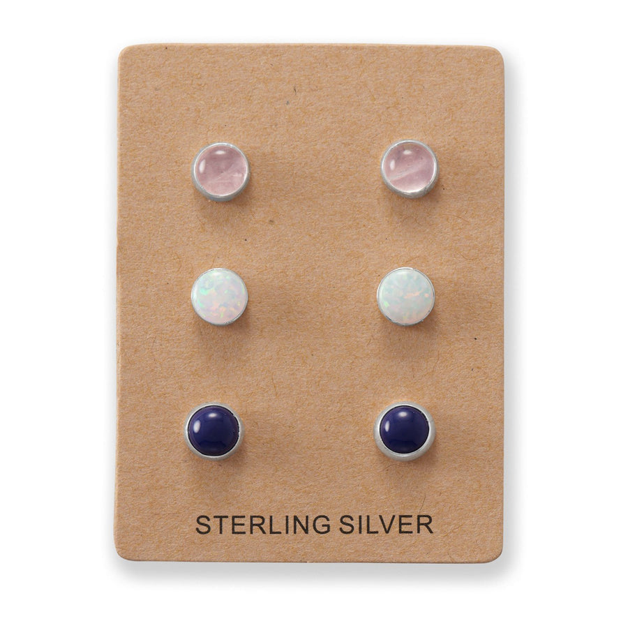 Set of 3 Synthetic White Opal, Lapis, and Rose Quartz Button Studs