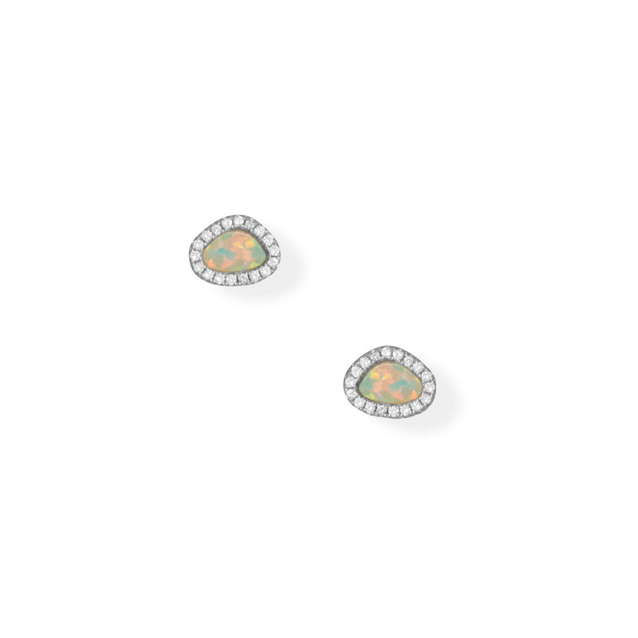 Rhodium Plated Synthetic Opal and CZ Earrings