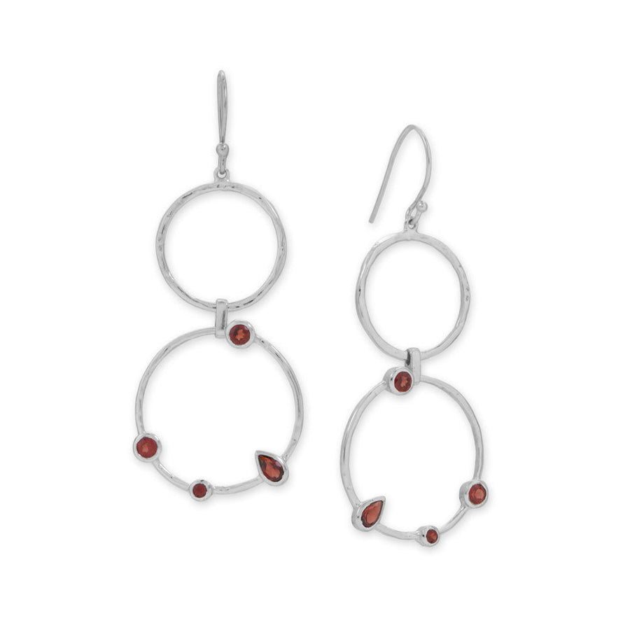 Rhodium Plated Garnet and Hammered Circle Drop Earrings