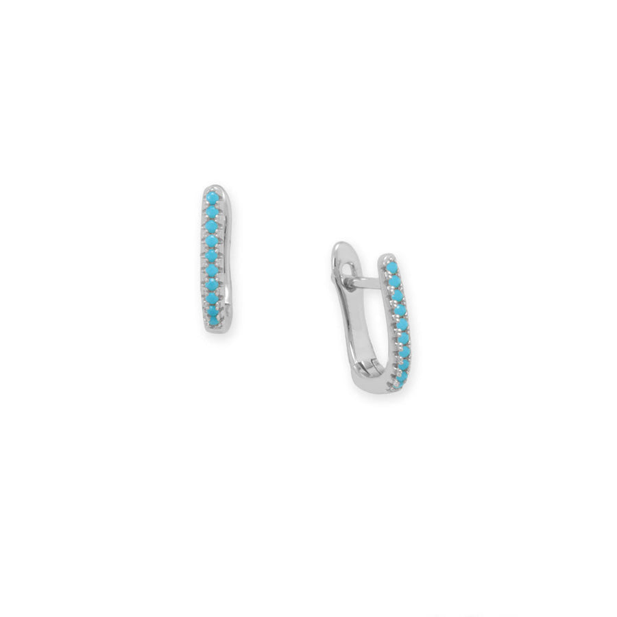 Rhodium Plated Synthetic Turquoise Fishbone Hoop Earrings