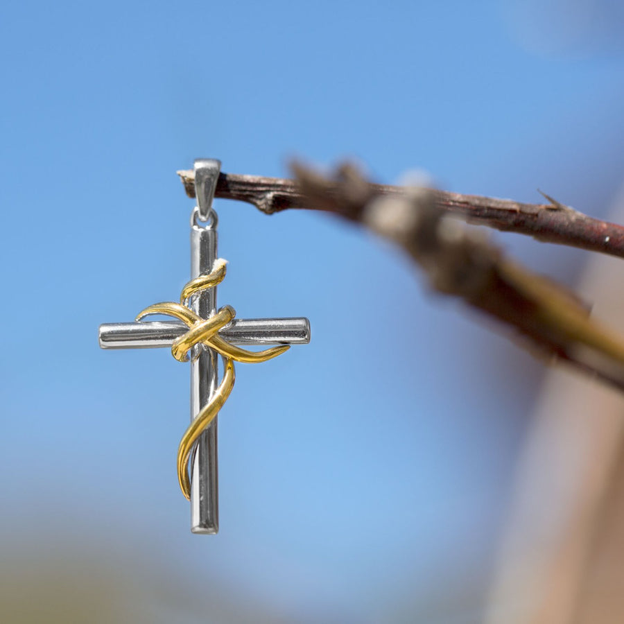 Rhodium and 14 Karat Gold Plated Sterling Silver Cross Pendant