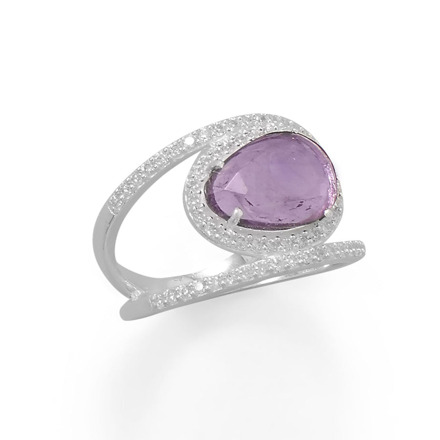 Rhodium Plated Amethyst and CZ Split Band Ring