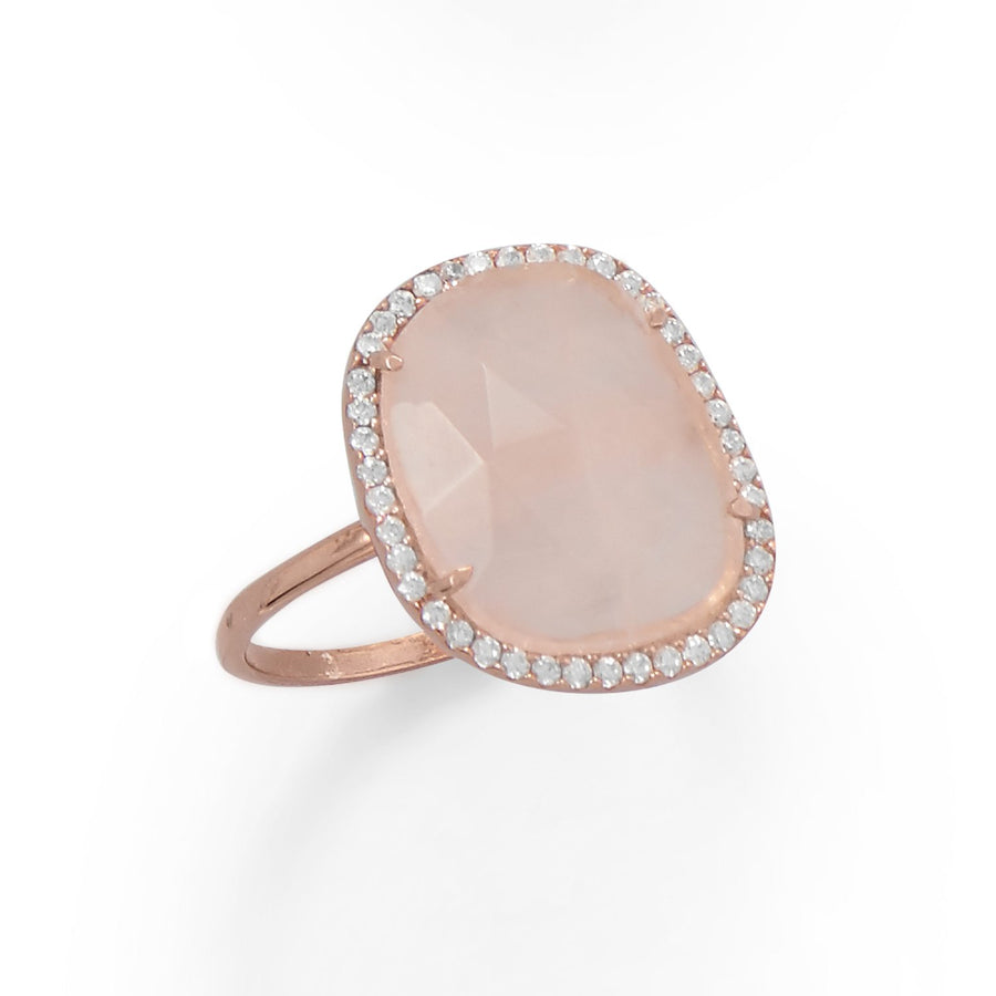 14K Rose Gold Plated Rose Quartz and CZ Halo Ring