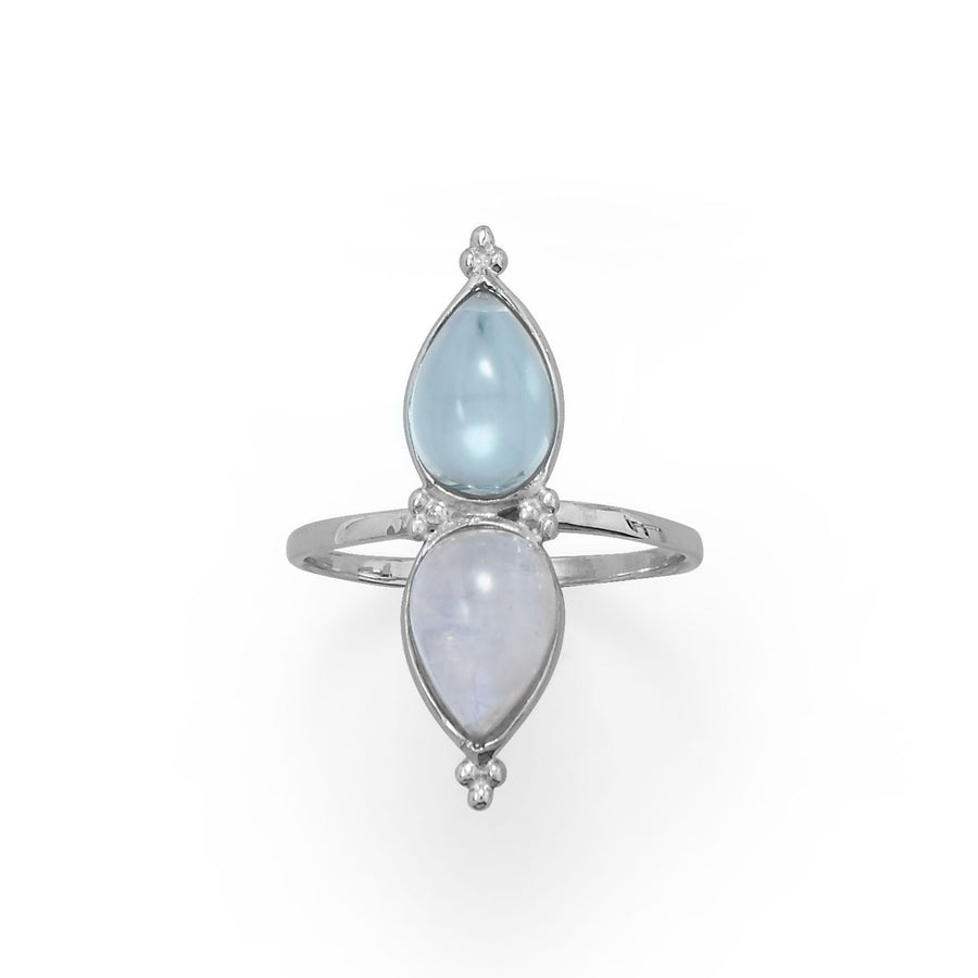 Pear Shaped Rainbow Moonstone and Blue Topaz Ring