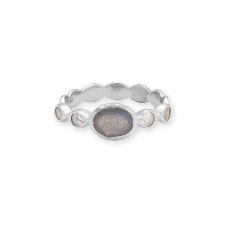 Rhodium Plated Labradorite and Polki Diamond Ring