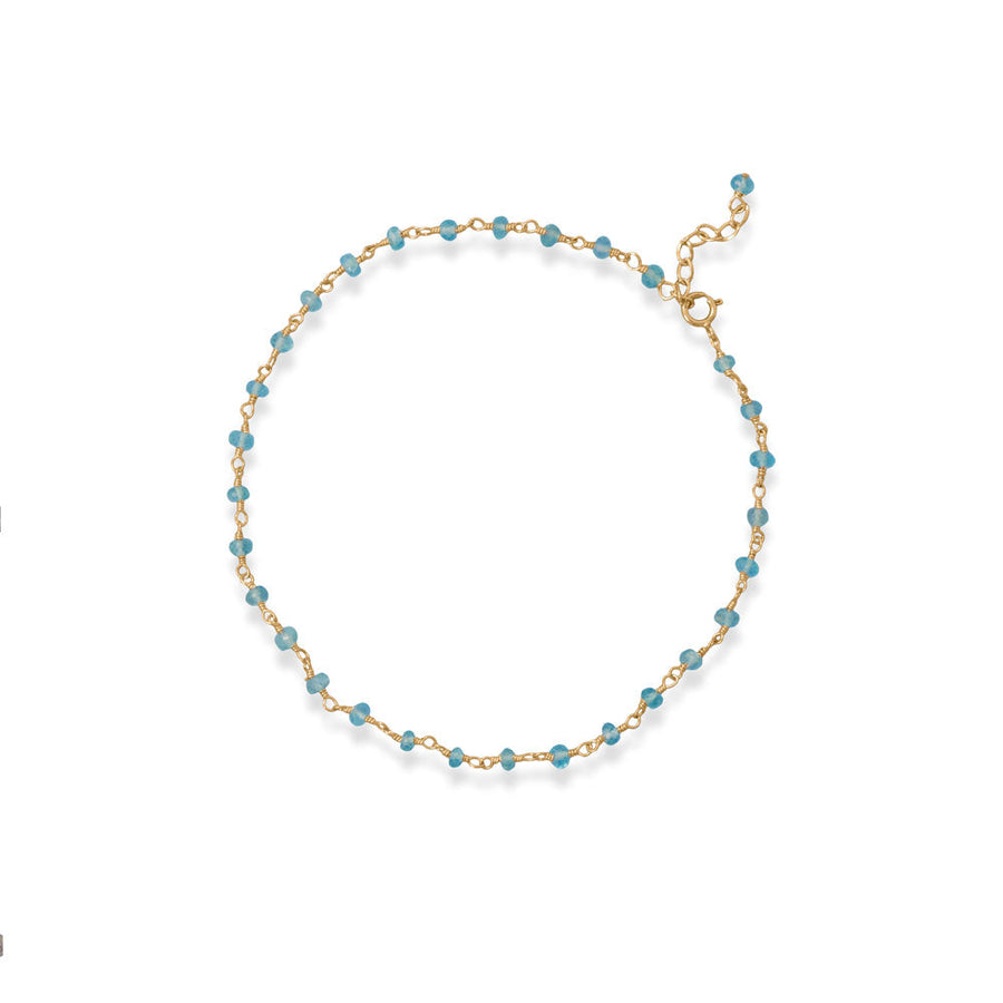 Sea Breeze Blue! 9.5" + 1" 14 Karat Gold Plated Apatite Bead Anklet