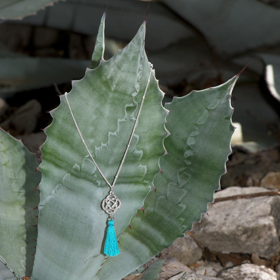 Silver Tone Celtic Charm and Aqua Tassel Necklace